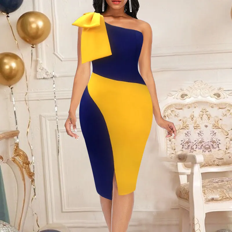 Colorblock One Shoulder Bowknot Decoration Bodycon Dress